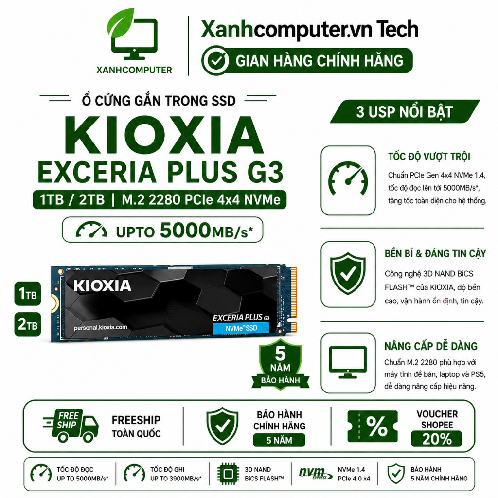 Ổ cứng trong SSD KIOXIA EXCERIA PLUS G3 1TB/2TB M2 2280 PCIe4x4 NVMe upto 5000Mb/s - Bảo hành 5 năm