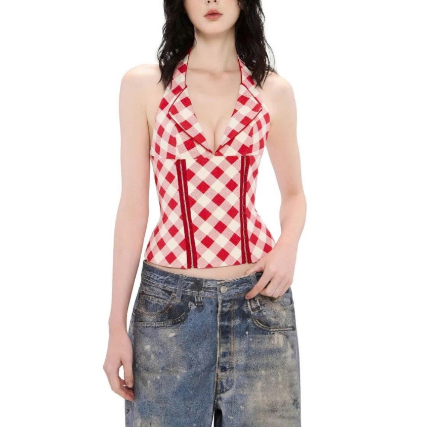 [Pass/Thanh lý] LSOUL (Đọc kỹ mô tả) - Áo Corset Cổ Yếm Caro Đỏ Uzi Top Size L