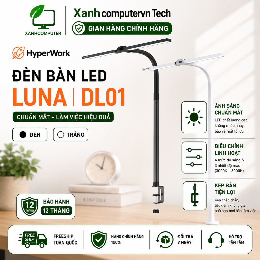 Đèn Bàn 𝗟𝗘𝗗 HyperWork Luna | DL01 Điều Khiển Không Dây