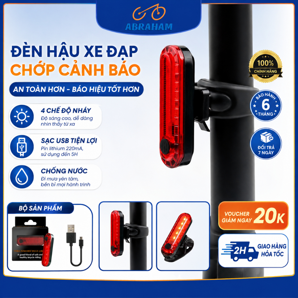 Đèn Hậu Xe Đạp Chớp Cảnh Báo Chống Nước Tăng Khả Năng Nhận Diện An Toàn Ban Đêm Abraham