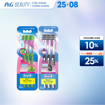 Bàn chải Oral-B tinh chất Trà Xanh/ Trà Đen vỉ 3 cây (Mua 2 tặng 1)