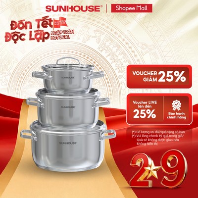 Bộ nồi Inox 304 Sunhouse Healthy SHG605 - Gồm 3 nồi size 16,20,24cm -Đáy từ 3 lớp - Inox 304 - Phù hợp mọi loại bếp