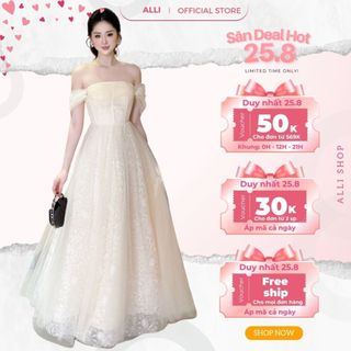 Đầm Dự Tiệc, Váy Đi Bàn Cưới Sang Trọng ALLI, Váy Dài Trễ Vai, Tùng Váy Xòe Bồng Chất Ren Phối Lưới Cao Cấp T170-SX