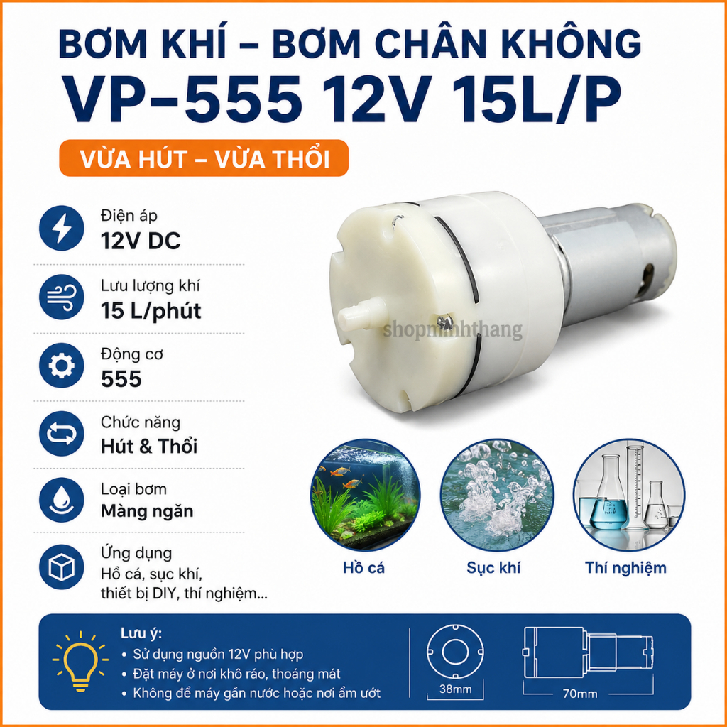 Bơm Chân Không - Bơm Sục Khí Hồ Cá 12V VP-555 12V 15L/P