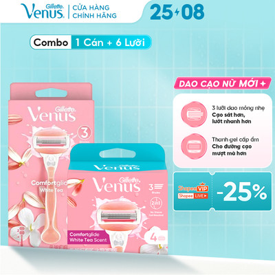 Combo Dao Cạo Nữ GILLETTE Venus Hộp 1 Cán 2 Lưỡi Và Lưỡi Dao Venus Hương Hoa Trà Trắng Hộp 4 Lưỡi