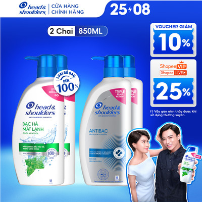 Combo 2 Dầu Gội Sạch Gàu HEAD & SHOULDERS Làm Sạch Vi Khuẩn/ Bạc Hà Mát Lạnh- Chai 850ml x2