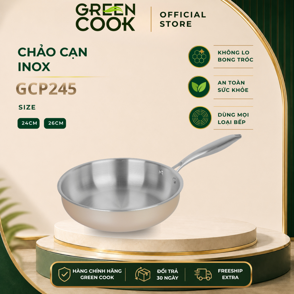 Chảo Inox Nguyên Khối  Đáy Từ Green Cook GCP245