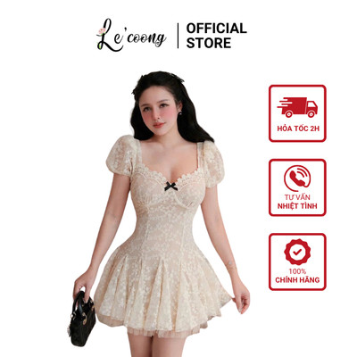 Váy Tiểu Thư Xòe Bồng Ren Lưới LECOONG V899 Váy Đẹp Dáng Xòe Màu Be Sang Chảnh