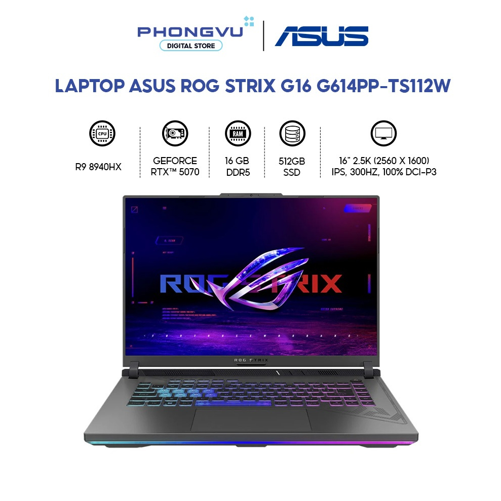 Laptop Gaming Asus ROG Strix G16 G614PP-TS112W R9 8940HX - RTX 5070 - 16GB - 512GB SSD - Win 11 - BH