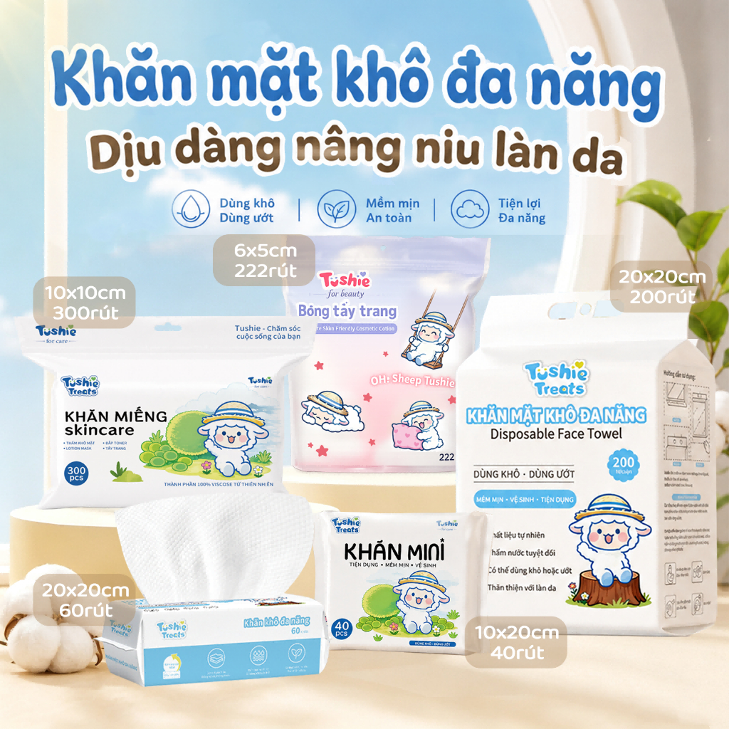 Khăn mặt khô Tushie Treats dùng 1 lau khô, lau ướt, Khăn lau cotton tự nhiên, không rụng xơ, không kích ứng,một lần