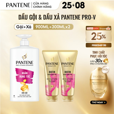 Combo Dầu Gội PANTENE Pro-V Và Dầu Xả Siêu Dưỡng Ngăn Rụng Tóc - Chai 900ML & 300MLx2