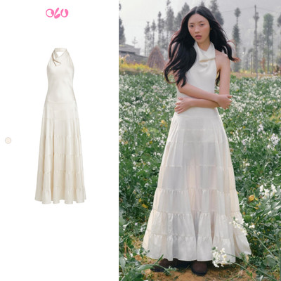 Đầm lụa OLV maxi cổ đổ White Silky Halter Neck Tiered Dress quyến rũ phù hợp đi tiệc