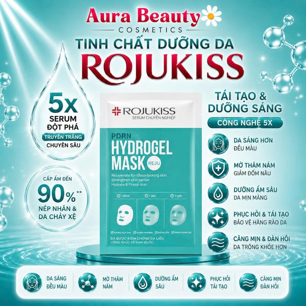 Rojukiss Mặt Nạ Hydrogel Phục Hồi Da PDRN Hydrogel Mask 33ml Lẻ 1 Miếng