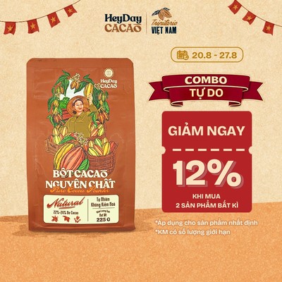 Bột cacao nguyên chất 100% không đường - Dòng Natural thuần tự nhiên, không kiềm hoá - Túi zip 225g -  Heyday