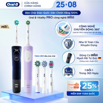 [MỚI] COMBO BÀN CHẢI + 3 ĐẦU BÀN CHẢI ORAL B VITALITY PRO Chính hãng, BH 1 đổi 1, Chuyển động 3 Chiều, Chống nước iPX7