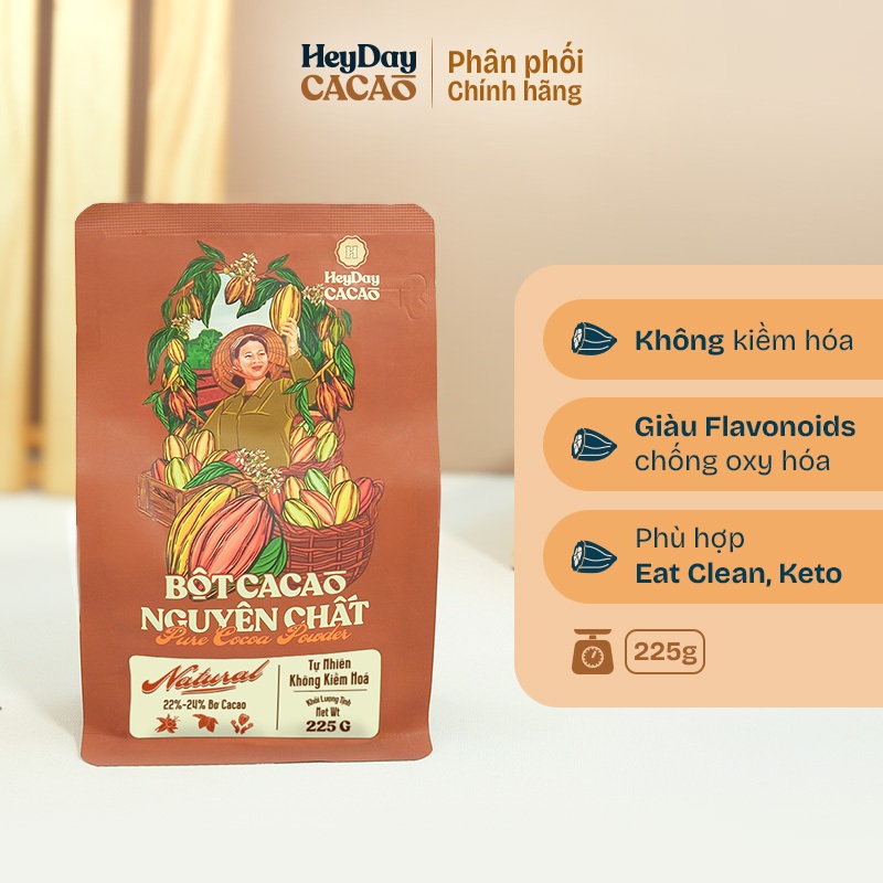 Túi zip 225g - Bột cacao nguyên chất Heyday - Dòng Natural thuần tự nhiên, không kiềm hoá