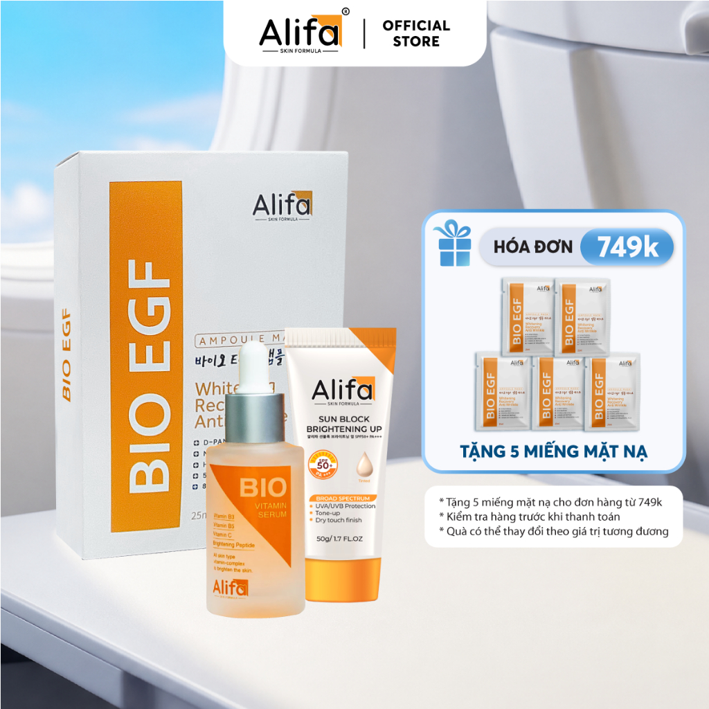 Combo 4: Serum dưỡng ẩm Alifa BIO 35ml, Hộp 10 miếng Mặt nạ Alifa BIO EGF 25ml, Kem chống nắng Alifa