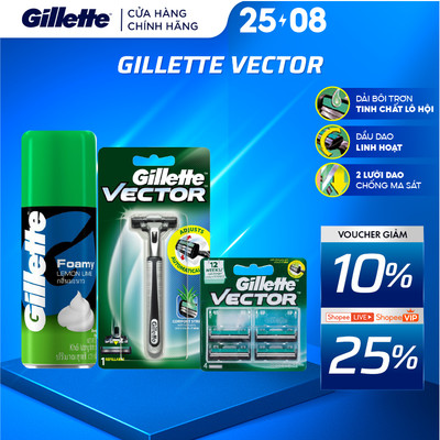 Combo Dao Cạo Râu GILLETTE Vector 1UP Hộp 1 Cái + Lưỡi Dao Vector Hộp 4 Lưỡi+ Bọt Cạo Râu Gillette Hương Chanh Chai 175g