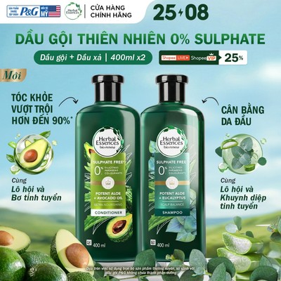 [MỚI] Combo 2 Dầu Gội Xả Thiên Nhiên HERBAL ESSENCES Tinh Chất Thực Vật Thật Từ Lô Hội/ Bơ/ Bạch Đàn Chai 400ML