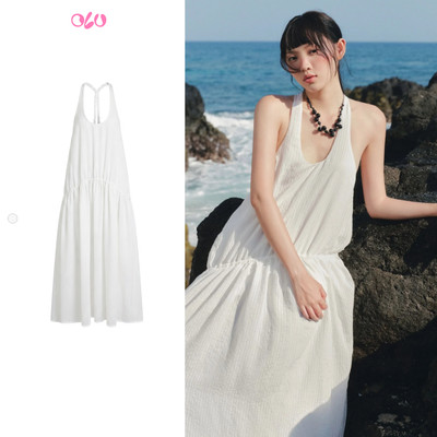 Đầm maxi OLV trắng cổ tròn tầng xòe nhẹ White Round Neck Tiered Maxi Dress