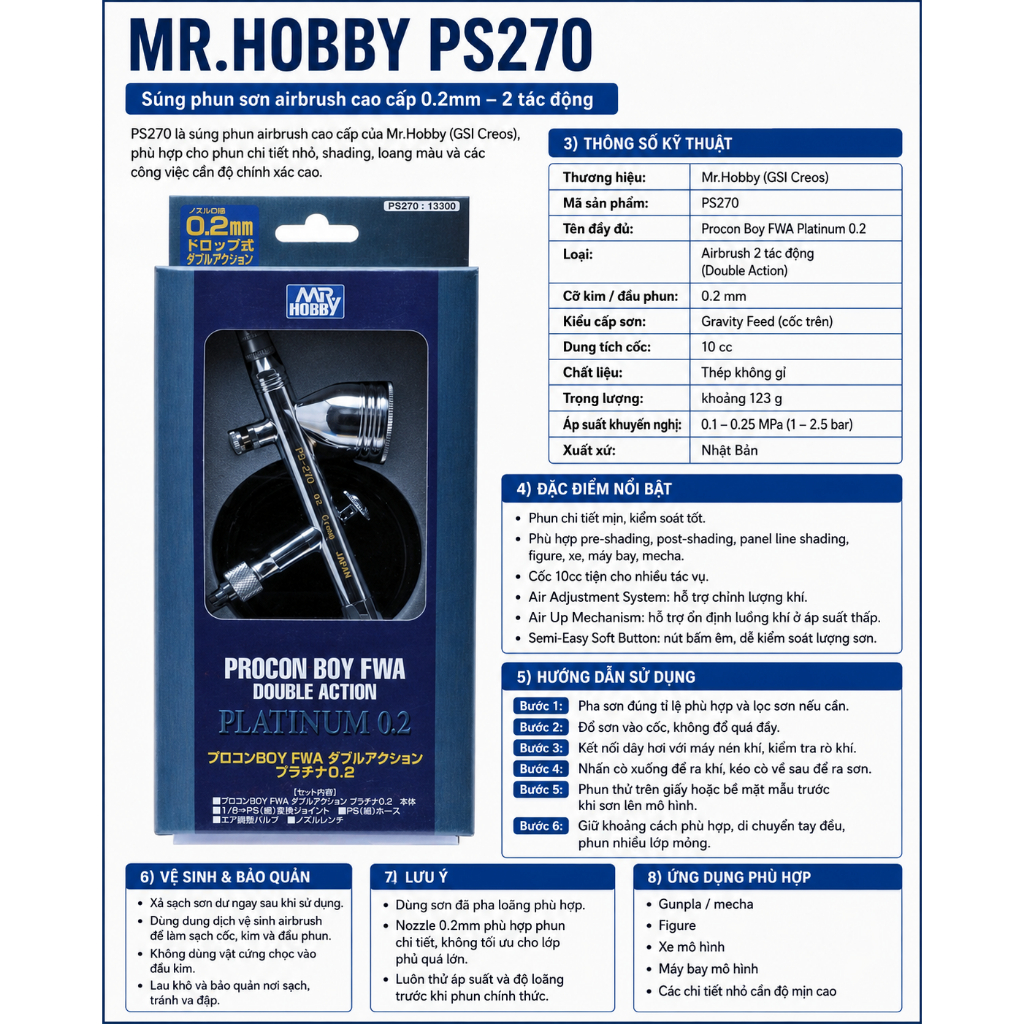 Mr Hobby PS270 Bút vẽ airbrush Procon Boy FWA Platinum 0.2mm