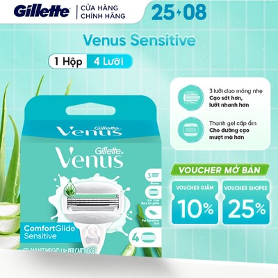 [MỚI] Lưỡi Dao Cạo Nữ GILLETTE Venus Vùng Bikini Thanh Ngăn Kích Ứng/ Venus Sensitive Chiết Xuất Nha Đam - Hộp 4 Lưỡi