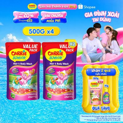 [LIVE] COMBO 4 Túi Sữa Tắm Gội thiên nhiên Sạch Dịu Nhẹ & ẩm mịn Cho Bé Carrie Junior hương Cheeky Cherry (500g x 4)