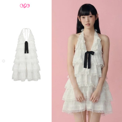 Đầm yếm OLV suông cổ V xếp tầng bèo White Cotton Halter Tiered Mini Dress thanh lịch phù hợp đi tiệc