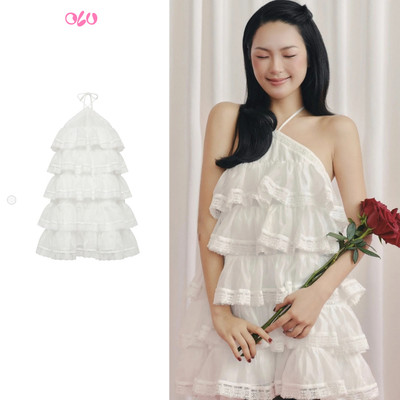 Đầm OLV suông cổ yếm xếp tầng White Chiffon Layered Ruffled Halter Mini Dress phù hợp đi tiệc