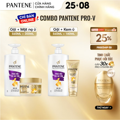 Combo Dầu Gội-Kem Ủ PANTENE Pro-V Ngăn Rụng Tóc/ Phục Hồi Hư Tổn - Chai 560ml+300ml/180ml