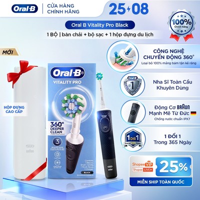 [MỚI] Bàn Chải Điện ORAL B Vitality Pro Black + Travel Case Chính Hãng, BH 1 Đổi 1, Chuyển Động Rung 360°, Sạch Sâu