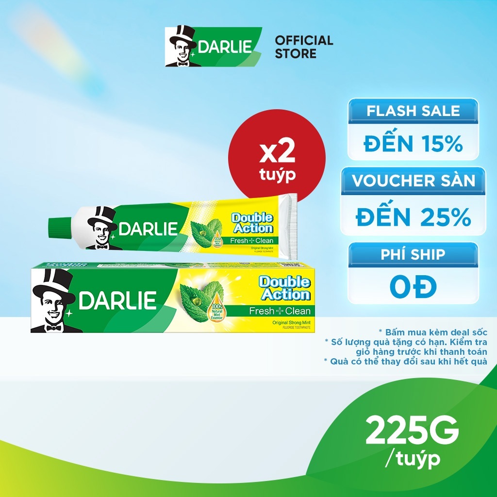 Lốc 2 Kem Đánh Răng Darlie Gấp Đôi Bạc Hà Double Action Fresh Clean 225g
