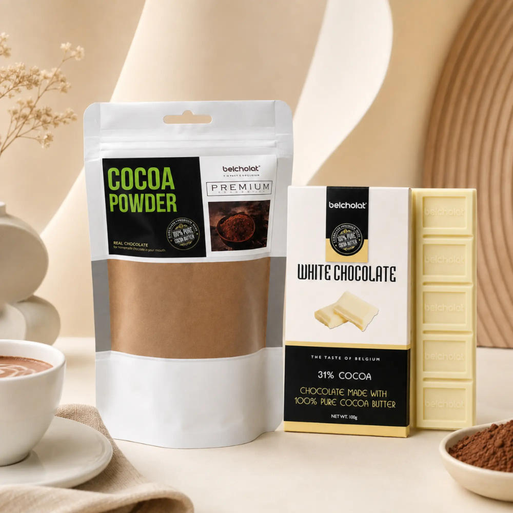 Combo Cacao White Latte - Bột Cacao Nguyên Chất 135g & Socola Trắng 31% 100g Pha Cacao Latte Tại Nhà