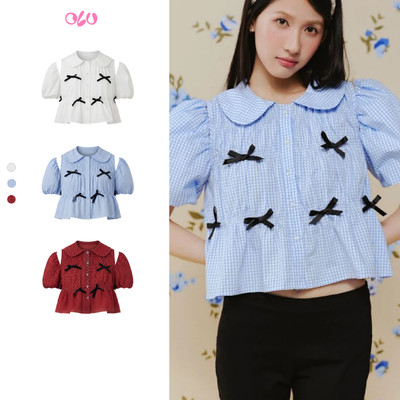 Áo babydoll OLV kiểu nữ đính nơ Kate Striped Puff Sleeve Shirt nhiều màu ngọt ngào trẻ trung