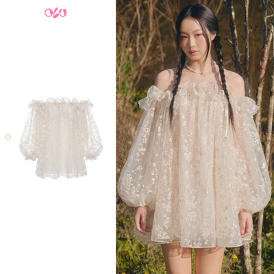 Đầm babydoll OLV tơ mỏng bồng bềnh Ivory Fleur Chiffon Off Shoulder Ruffled Puff Dress nữ tính