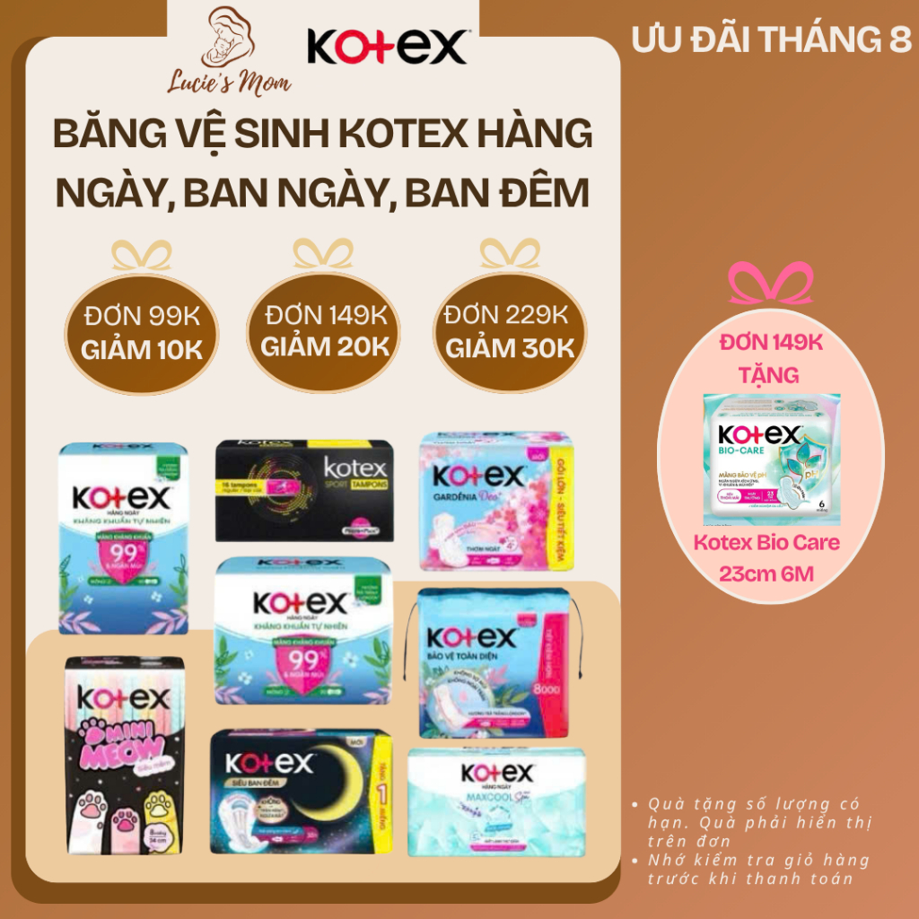 [Combo 4 gói] Băng Vệ Sinh Kotex Hàng Ngày / Ban Ngày / Ban Đêm - Khô Thoáng Thấm Hút - Lucie's Mom