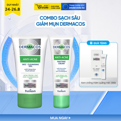Combo Gel Rửa Mặt & Kem Giảm Bóng Nhờn Dermacos Làm Sạch Sâu, Hỗ Trợ Kiểm Soát Dầu & Cải Thiện Tình Trạng Mụn
