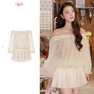 Đầm OLV trễ vai dáng suông dễ thương Ivory Chiffon Off Shoulder Puff Mini Dress phù hợp đi chơi