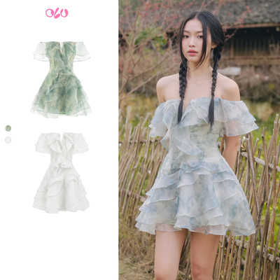 Đầm OLV trễ vai xanh ngọc voan hoa phối bèo dáng xòe Ianthe thanh lịch nữ tính đi chơi mùa hè