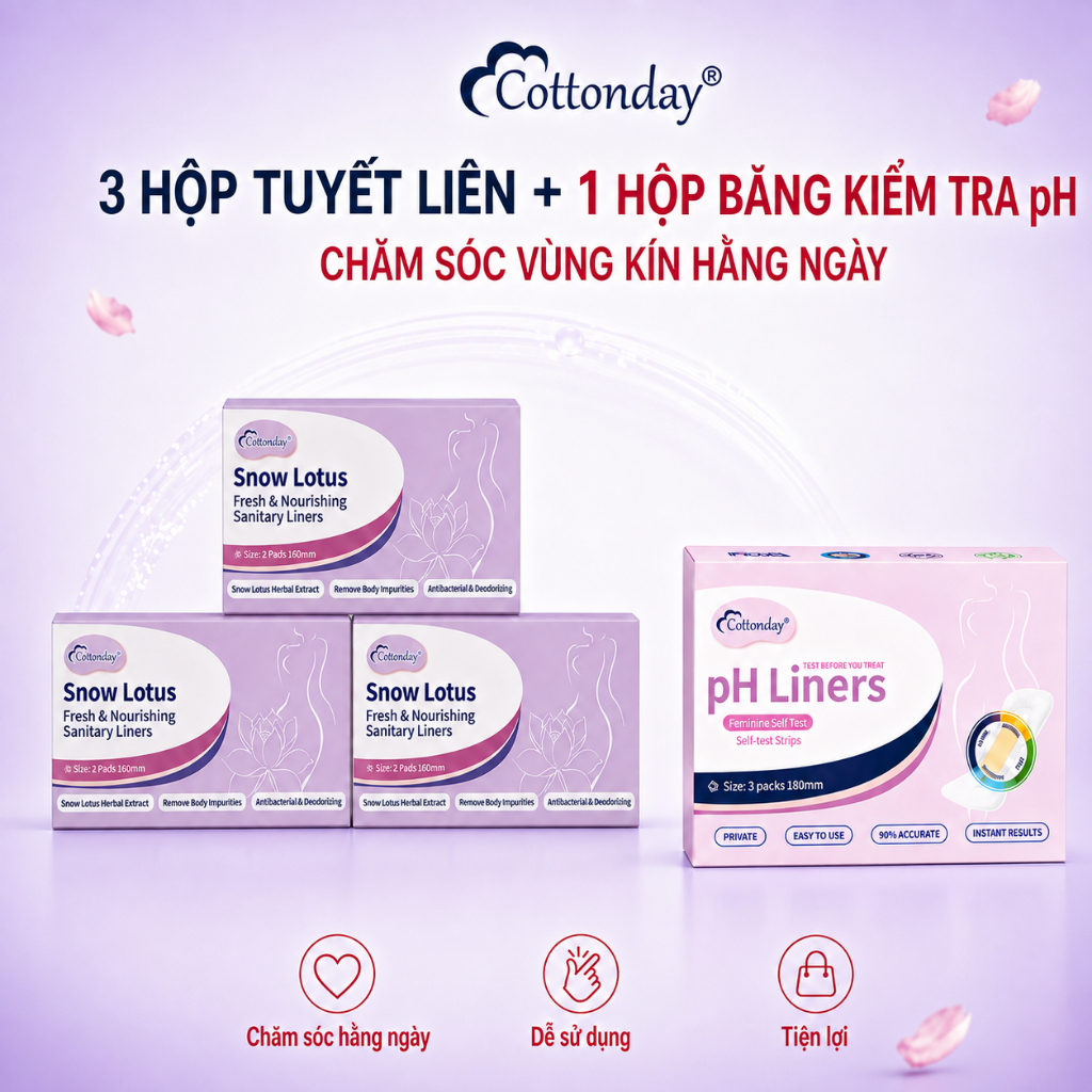 Snow Lotus Cottonday BVS 160mm/2miếng 14 Chiết Xuất + pH Liners 3 Miếng Tự Test pH
