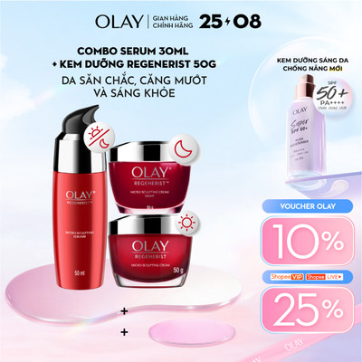 Combo 3: Kem Dưỡng Ẩm OLAY REGENERIST Ngày & Đêm + Serum Căng Mướt, Sáng Khỏe & Phục Hồi Dấu Hiệu Lão Hóa (50GX2 + 50ML)