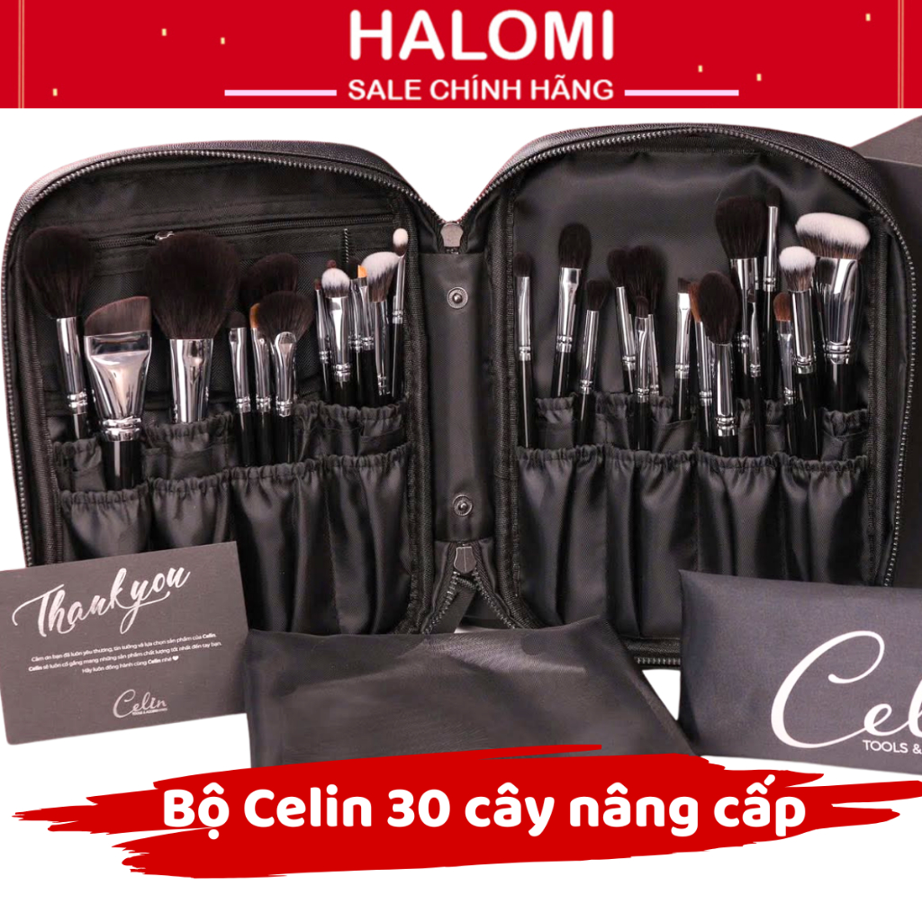 Bộ cọ trang điểm Celin 30 cây lông thú chính hãng kèm bao da kèm quà tặng Celin