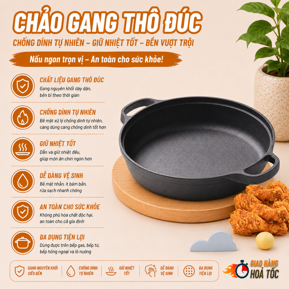 Chảo Gang Thô Đúc 25CM - Chảo nồi gang sâu lòng đúc 2 Tay Cầm chống dính, Chảo gang chống dính cho m