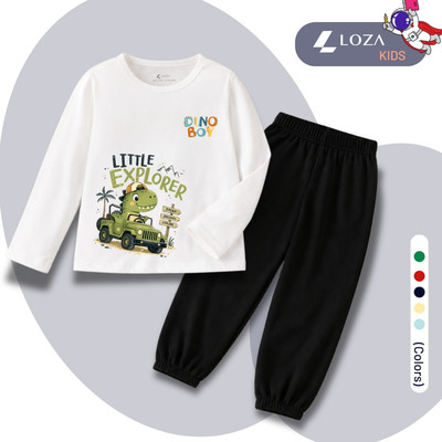 Bộ thu đông bé trai in hình Khủng long lái xe- Bộ quần áo dài tay cho bé trai cân nặng từ 15-43kg - Loza Kids BW743