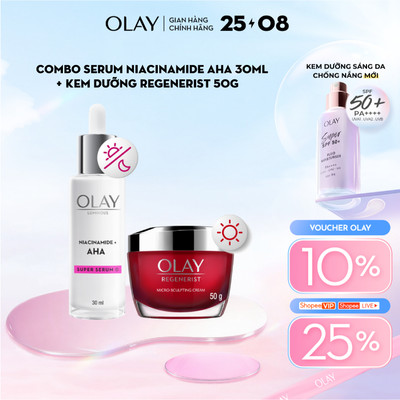 Combo 2: Kem Dưỡng Ẩm Ban Ngày OLAY REGENERIST + Super Serum OLAY LUMINOUS AHA Dưỡng Sáng Da, Mờ Thâm Mụn (50G + 30ML)