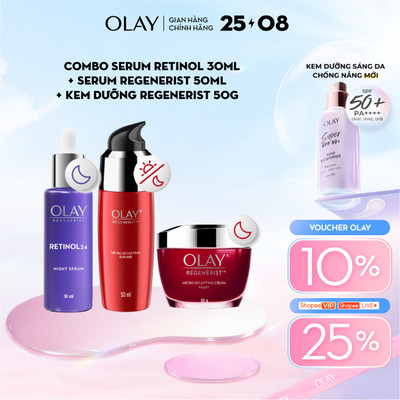 Combo 3: Kem Dưỡng Ẩm Ban Đêm OLAY REGENERIST 50G, Serum OLAY REGENERIST 50ML, Serum OLAY RETINOL24 30ML