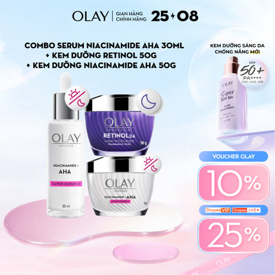 Combo 3: Kem Dưỡng Ẩm OLAY RETINOL24 50G, Kem Dưỡng Ẩm & Super Serum Sáng Da OLAY LUMINOUS AHA 50G + 30ML