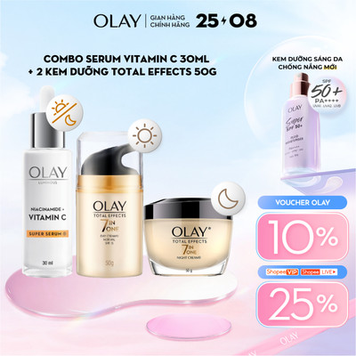 Combo 3: Kem Dưỡng Ẩm Ngày, Đêm OLAY TOTAL EFFECTS + Super Serum OLAY LUMINOUS NIACINAMIDE VITAMIN C (50G X2 + 30ML)