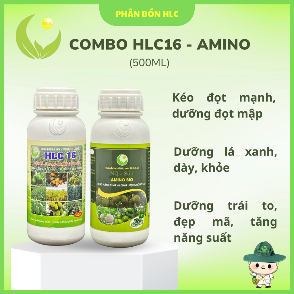 Combo HLC16 và AMINO BIO_Bộ sản phẩn phân bón lá cao cấp_500ml hỗ trợ phát triển chồi, xanh dày lá, 