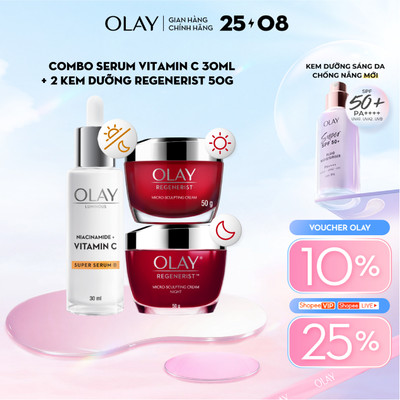 Combo 3: Kem Dưỡng Ẩm Ngày, Đêm OLAY REGENERIST + Super Serum OLAY LUMINOUS NIACINAMIDE VITAMIN C (50G X2 + 30ML)